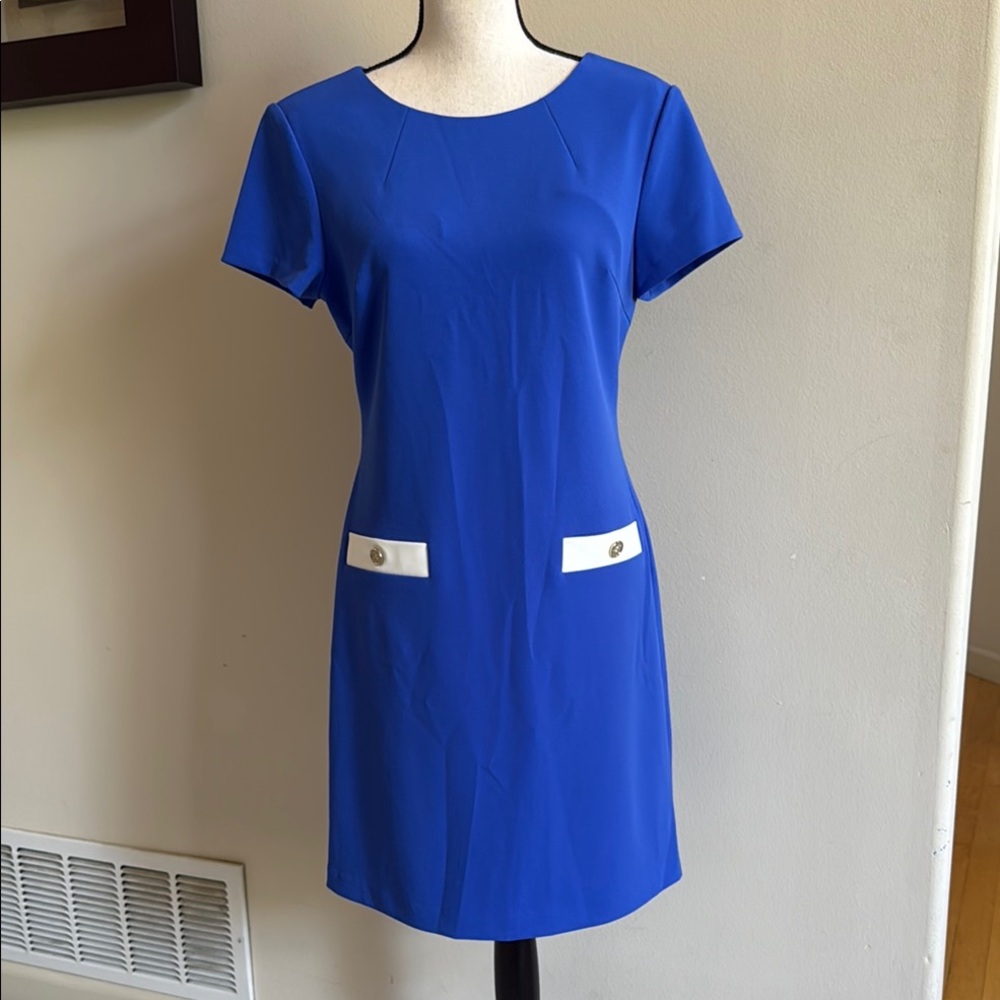 Elegant Blue Dress with White Accents